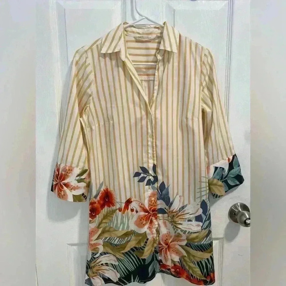 Soft Surroundings Striped Tropical Print Cotton Tunic Top Blouse Size XS - Picture 2 of 9